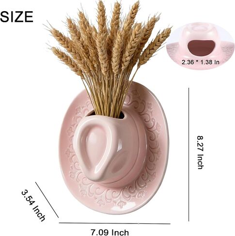 Ceramic Cowboy Hat Vase - 8.2" Pink Handmade Hanging Flower Planter, Western Boho Room Decor & Coastal Cowgirl Aesthetic Wall Art for Home Decor in Saudi Arabia