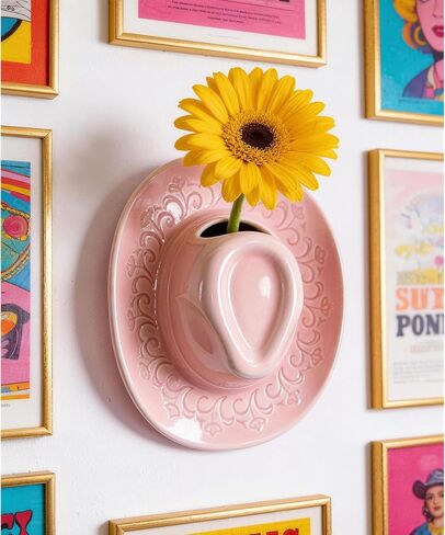 Ceramic Cowboy Hat Vase - 8.2" Pink Handmade Hanging Flower Planter, Western Boho Room Decor & Coastal Cowgirl Aesthetic Wall Art for Home Decor in Saudi Arabia