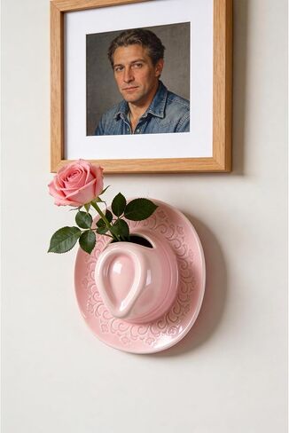 Ceramic Cowboy Hat Vase - 8.2" Pink Handmade Hanging Flower Planter, Western Boho Room Decor & Coastal Cowgirl Aesthetic Wall Art for Home Decor in Saudi Arabia