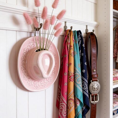 Ceramic Cowboy Hat Vase - 8.2" Pink Handmade Hanging Flower Planter, Western Boho Room Decor & Coastal Cowgirl Aesthetic Wall Art for Home Decor in Saudi Arabia