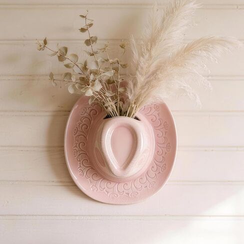 Ceramic Cowboy Hat Vase - 8.2" Pink Handmade Hanging Flower Planter, Western Boho Room Decor & Coastal Cowgirl Aesthetic Wall Art for Home Decor in Saudi Arabia