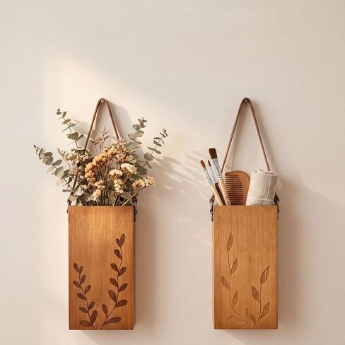 Set of 2 Bamboo Wall Planters Indoor Plants Brown Wood Wall Vase with Durable Leather Handle Boho Wall Decor Living Room Hanging Propagation Stations for Dried Flowers Paintbrushes in Kuwait