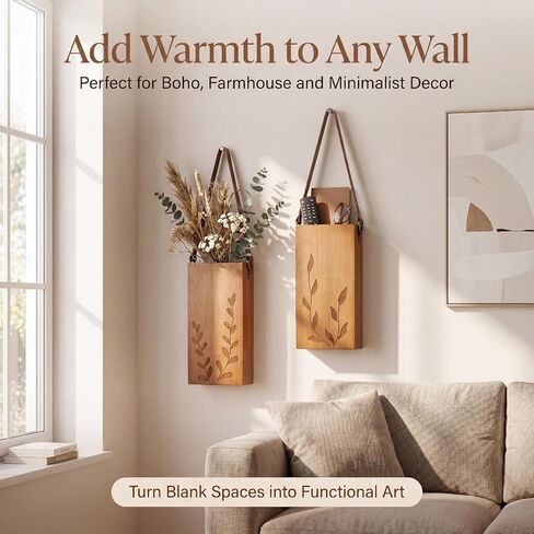Set of 2 Bamboo Wall Planters Indoor Plants Brown Wood Wall Vase with Durable Leather Handle Boho Wall Decor Living Room Hanging Propagation Stations for Dried Flowers Paintbrushes in Kuwait