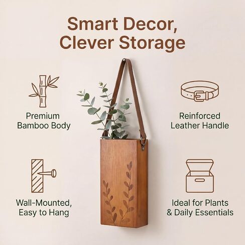 Set of 2 Bamboo Wall Planters Indoor Plants Brown Wood Wall Vase with Durable Leather Handle Boho Wall Decor Living Room Hanging Propagation Stations for Dried Flowers Paintbrushes in Kuwait