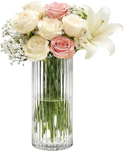 11 inch Ribbed Glass Vase,Flower vases for Bouquet,Modern Clear Glass Cylinder Vases for Flowers,Ribbed Vases for Centerpieces,Living Room,Dining Table,Office,Wedding Reception,Housewarming Gift in Saudi Arabia