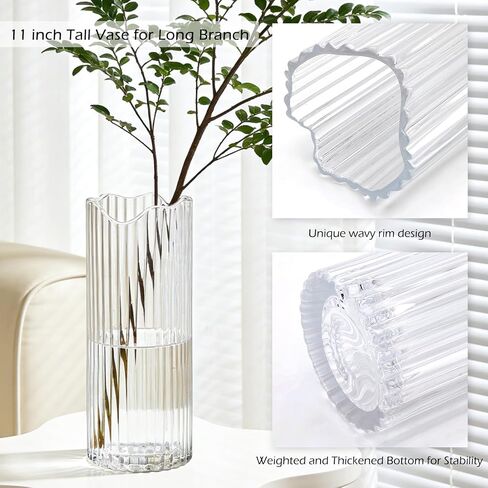 11 inch Ribbed Glass Vase,Flower vases for Bouquet,Modern Clear Glass Cylinder Vases for Flowers,Ribbed Vases for Centerpieces,Living Room,Dining Table,Office,Wedding Reception,Housewarming Gift in Saudi Arabia