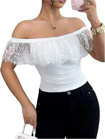 Verdusa Women's Off The Shoulder Tops Eyelet Foldover Ruched Crop Tops Y2k T Shirts in Kuwait