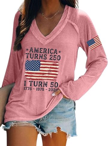 قميص نسائي America Turns 250 I Turn 50 بأكمام طويلة قميص أمريكا 250 عامًا ورقبة على شكل حرف V in Kuwait