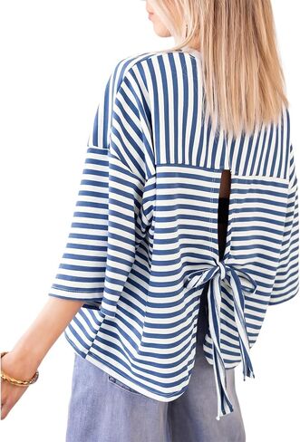 Ainangua Striped T-Shirt for Women V Neck Tie Back Tee Tops Summer Y2k Bow Tshirt Half Sleeve Oversized Tees in Saudi Arabia
