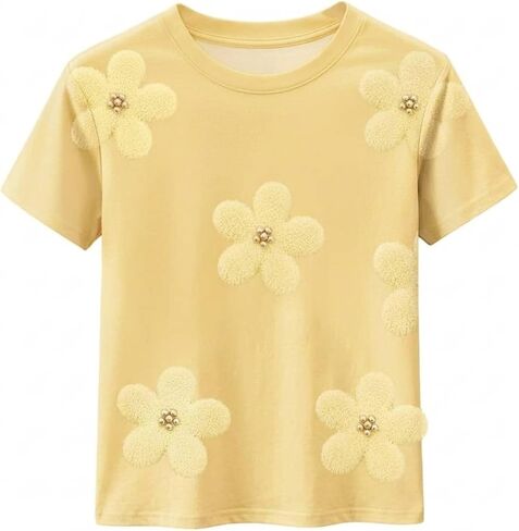 RoseSeek Women's Cute Floral Graphic Tees Crew Neck Short Sleeve T Shirts Slim Fit Going Out Tops in Kuwait