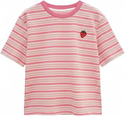 RoseSeek Women's Strawberry Embroidery Striped T Shirt Short Sleeve Casual Cute Summer Top for Teens in Kuwait