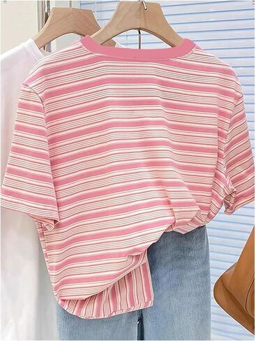 RoseSeek Women's Strawberry Embroidery Striped T Shirt Short Sleeve Casual Cute Summer Top for Teens in Kuwait