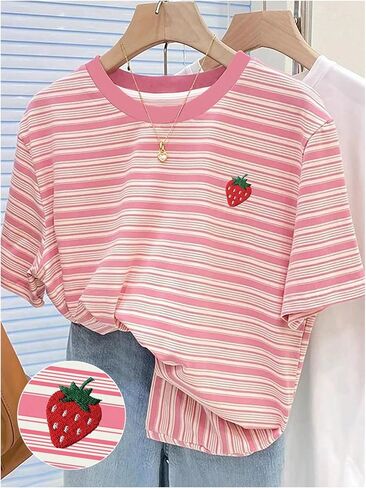 RoseSeek Women's Strawberry Embroidery Striped T Shirt Short Sleeve Casual Cute Summer Top for Teens in Kuwait