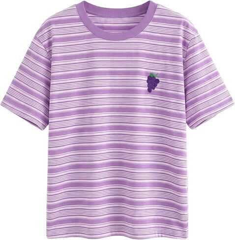 RoseSeek Women's Strawberry Embroidery Striped T Shirt Short Sleeve Casual Cute Summer Top for Teens in Kuwait