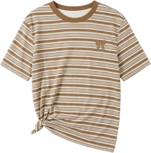 RoseSeek Women's Strawberry Embroidery Striped T Shirt Short Sleeve Casual Cute Summer Top for Teens in Kuwait