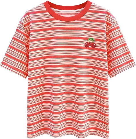 RoseSeek Women's Strawberry Embroidery Striped T Shirt Short Sleeve Casual Cute Summer Top for Teens in Kuwait