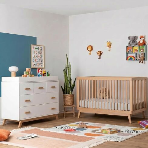 dadada Soho Baby Nursery Furniture Set. Baby Crib and Dresser Set Combo. Soho 3 in 1 Convertible Crib and 5 Drawer Nursery Dresser. White and Natural Beechwood in Kuwait