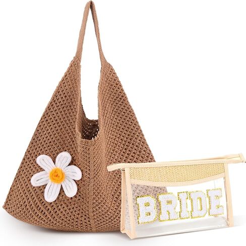 2 PCS Crochet Beach Tote, Bride Tote Summer Beach Handbags for Summer Bridal Shower Honeymoon Wedding Gift in Saudi Arabia
