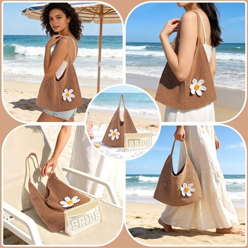 2 PCS Crochet Beach Tote, Bride Tote Summer Beach Handbags for Summer Bridal Shower Honeymoon Wedding Gift in Saudi Arabia