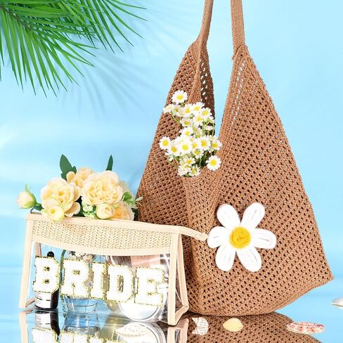 2 PCS Crochet Beach Tote, Bride Tote Summer Beach Handbags for Summer Bridal Shower Honeymoon Wedding Gift in Saudi Arabia