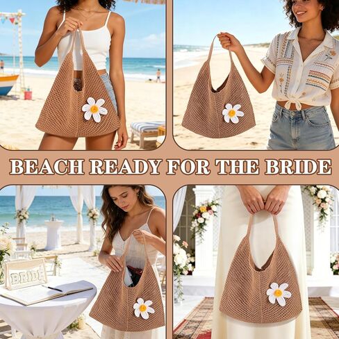 2 PCS Crochet Beach Tote, Bride Tote Summer Beach Handbags for Summer Bridal Shower Honeymoon Wedding Gift in Saudi Arabia