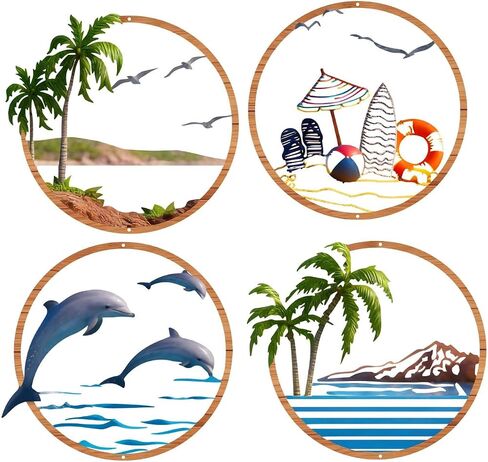 Resama Resama Metal Beach Themed Wall Decor Set of 4, Metal Frame Coastal Metal Wall Art with Palm Tree, Dolphin, Summer Beach Accessories, Nautical Metal Wall Hanging for Living Room Bathroom Bedroom Beach House Home Decor in Saudi Arabia