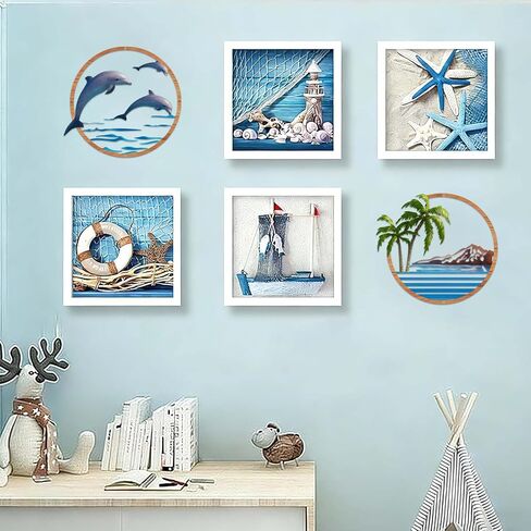Resama Resama Metal Beach Themed Wall Decor Set of 4, Metal Frame Coastal Metal Wall Art with Palm Tree, Dolphin, Summer Beach Accessories, Nautical Metal Wall Hanging for Living Room Bathroom Bedroom Beach House Home Decor in Saudi Arabia