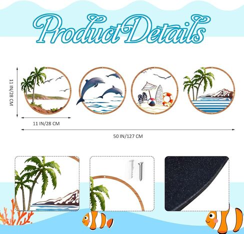 Resama Resama Metal Beach Themed Wall Decor Set of 4, Metal Frame Coastal Metal Wall Art with Palm Tree, Dolphin, Summer Beach Accessories, Nautical Metal Wall Hanging for Living Room Bathroom Bedroom Beach House Home Decor in Saudi Arabia