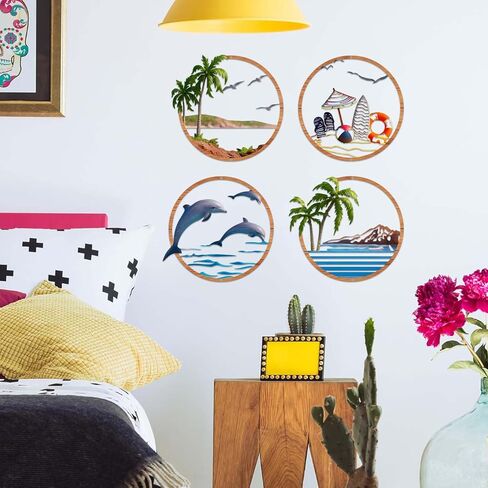Resama Resama Metal Beach Themed Wall Decor Set of 4, Metal Frame Coastal Metal Wall Art with Palm Tree, Dolphin, Summer Beach Accessories, Nautical Metal Wall Hanging for Living Room Bathroom Bedroom Beach House Home Decor in Saudi Arabia