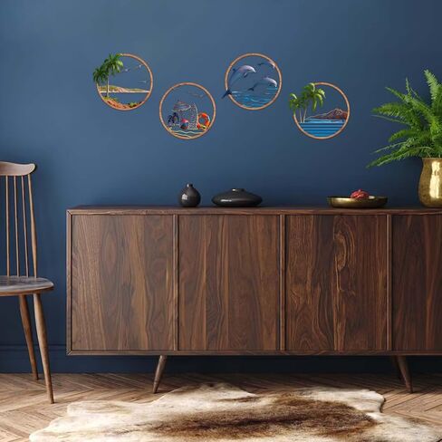 Resama Resama Metal Beach Themed Wall Decor Set of 4, Metal Frame Coastal Metal Wall Art with Palm Tree, Dolphin, Summer Beach Accessories, Nautical Metal Wall Hanging for Living Room Bathroom Bedroom Beach House Home Decor in Saudi Arabia