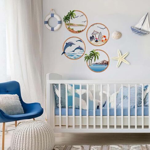 Resama Resama Metal Beach Themed Wall Decor Set of 4, Metal Frame Coastal Metal Wall Art with Palm Tree, Dolphin, Summer Beach Accessories, Nautical Metal Wall Hanging for Living Room Bathroom Bedroom Beach House Home Decor in Saudi Arabia