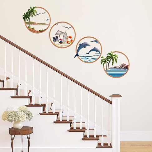 Resama Resama Metal Beach Themed Wall Decor Set of 4, Metal Frame Coastal Metal Wall Art with Palm Tree, Dolphin, Summer Beach Accessories, Nautical Metal Wall Hanging for Living Room Bathroom Bedroom Beach House Home Decor in Saudi Arabia