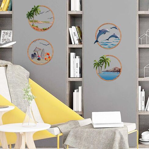 Resama Resama Metal Beach Themed Wall Decor Set of 4, Metal Frame Coastal Metal Wall Art with Palm Tree, Dolphin, Summer Beach Accessories, Nautical Metal Wall Hanging for Living Room Bathroom Bedroom Beach House Home Decor in Saudi Arabia