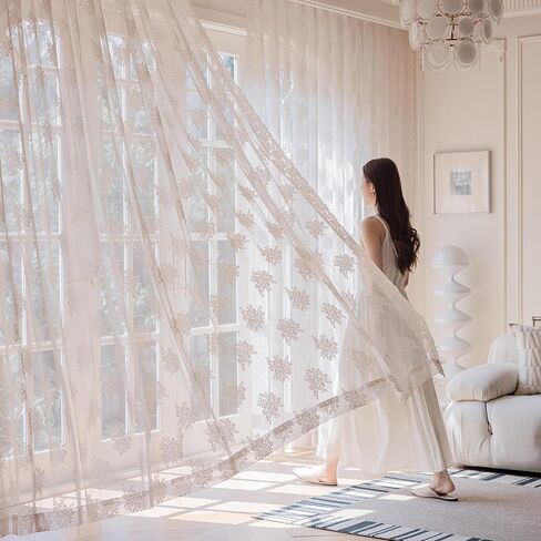 Ivory Lace Curtains 84 Inch Long Vintage Rose with Scalloped Edges Semi Sheer Curtain Drapes for Living Room, Bedroom Cream Lace Window Sheer Curtains with Rod Pocket, 57"W x 84"L, 2 Panels in Saudi Arabia