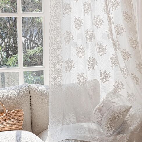 Ivory Lace Curtains 84 Inch Long Vintage Rose with Scalloped Edges Semi Sheer Curtain Drapes for Living Room, Bedroom Cream Lace Window Sheer Curtains with Rod Pocket, 57"W x 84"L, 2 Panels in Saudi Arabia