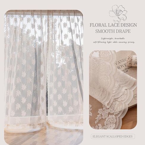 Ivory Lace Curtains 84 Inch Long Vintage Rose with Scalloped Edges Semi Sheer Curtain Drapes for Living Room, Bedroom Cream Lace Window Sheer Curtains with Rod Pocket, 57"W x 84"L, 2 Panels in Saudi Arabia