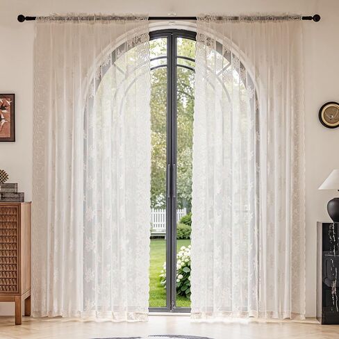 Ivory Lace Curtains 84 Inch Long Vintage Rose with Scalloped Edges Semi Sheer Curtain Drapes for Living Room, Bedroom Cream Lace Window Sheer Curtains with Rod Pocket, 57"W x 84"L, 2 Panels in Saudi Arabia