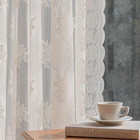 Ivory Lace Curtains 84 Inch Long Vintage Rose with Scalloped Edges Semi Sheer Curtain Drapes for Living Room, Bedroom Cream Lace Window Sheer Curtains with Rod Pocket, 57"W x 84"L, 2 Panels in Saudi Arabia