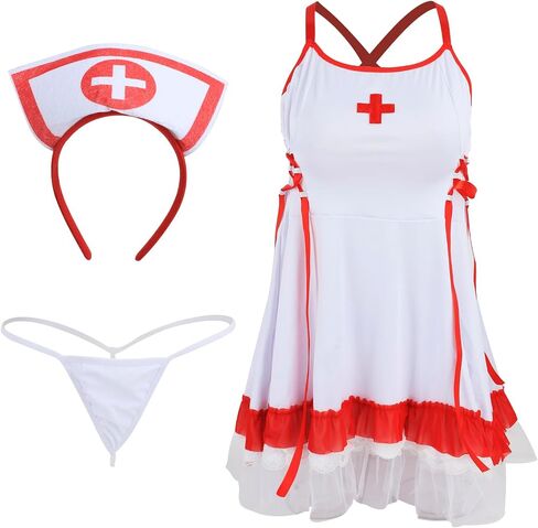 Women’s Sexy Nurse Lingerie Set XXL Strappy Dress with G-String & Headband Roleplay Lingerie Outfits for Halloween in Kuwait