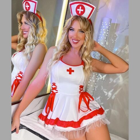 Women’s Sexy Nurse Lingerie Set XXL Strappy Dress with G-String & Headband Roleplay Lingerie Outfits for Halloween in Kuwait