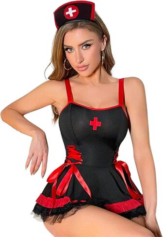 Women’s Sexy Nurse Lingerie Set XXL Strappy Dress with G-String & Headband Roleplay Lingerie Outfits for Halloween in Kuwait
