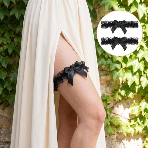 2 Pcs Black Garters for Thigh, Adjustable Lace Garter Belt with Bow, 14.2–25.6 Inches in Saudi Arabia