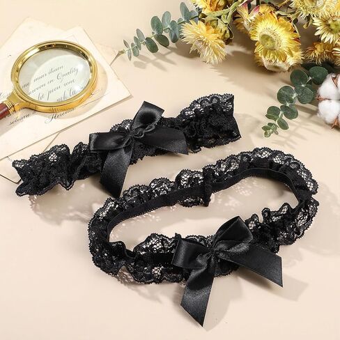 2 Pcs Black Garters for Thigh, Adjustable Lace Garter Belt with Bow, 14.2–25.6 Inches in Saudi Arabia