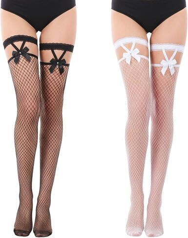 2 Pairs Thigh High Fishnet Stockings, Fishnet Thigh High Stockings, Lace Top with Bow Suspenders, Hold up Stocking for Women in Black and White in Saudi Arabia