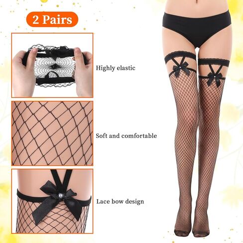 2 Pairs Thigh High Fishnet Stockings, Fishnet Thigh High Stockings, Lace Top with Bow Suspenders, Hold up Stocking for Women in Black and White in Saudi Arabia