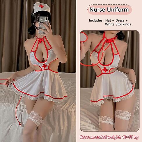Sexy Costume Women Schoolgirl Lingerie Set Roleplay Lace Nightgown Dress - Includes White Stockings Fashionable Strapless Dress with Nurse Cap Perfect for Valentine's Day Adult cosplay costumes in Saudi Arabia