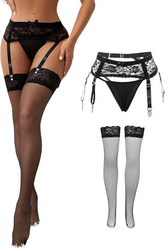 ohyeahlady Garter Belt and Thigh Highs Set with 4 Vintage Straps Clip Clasp Mesh Plus Size Lingerie XS-4XL in Kuwait