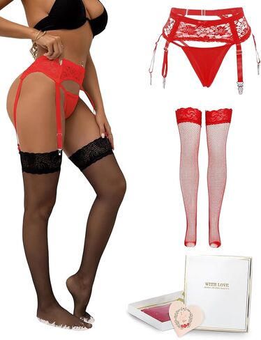 ohyeahlady Garter Belt and Thigh Highs Set with 4 Vintage Straps Clip Clasp Mesh Plus Size Lingerie XS-4XL in Kuwait