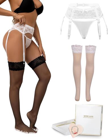 ohyeahlady Garter Belt and Thigh Highs Set with 4 Vintage Straps Clip Clasp Mesh Plus Size Lingerie XS-4XL in Kuwait