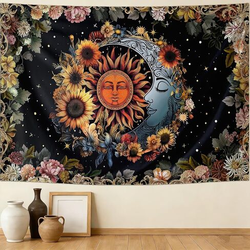 Aeivice Sun and Moon Tapestry, Boho Hippie Psychedelic Floral Aesthetic Wall Decor, Mystic Vintage Celestial Art Black Living Room Dorm Home Decorations 60Lx40W in Saudi Arabia